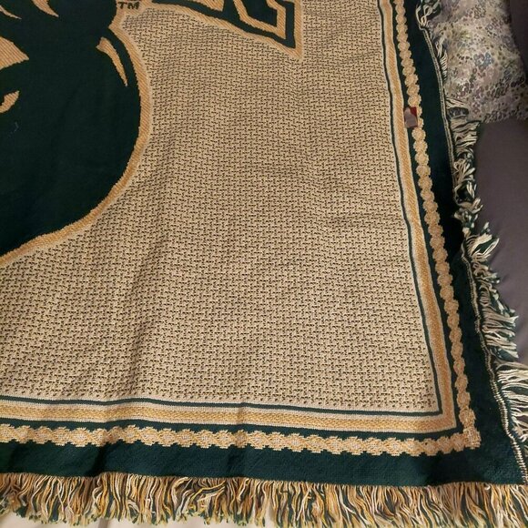 Baylor University Bears Throw Blanket Woven Cotton Green Gold Fringe Edges Colle - Picture 4 of 8